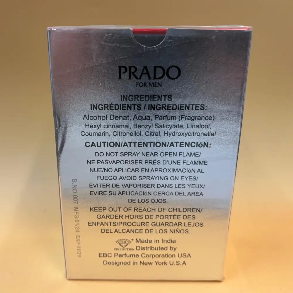 Prado For Men Eau De Parfum Natural Spray Vaporisateur 3.4 fl oz - Perfume